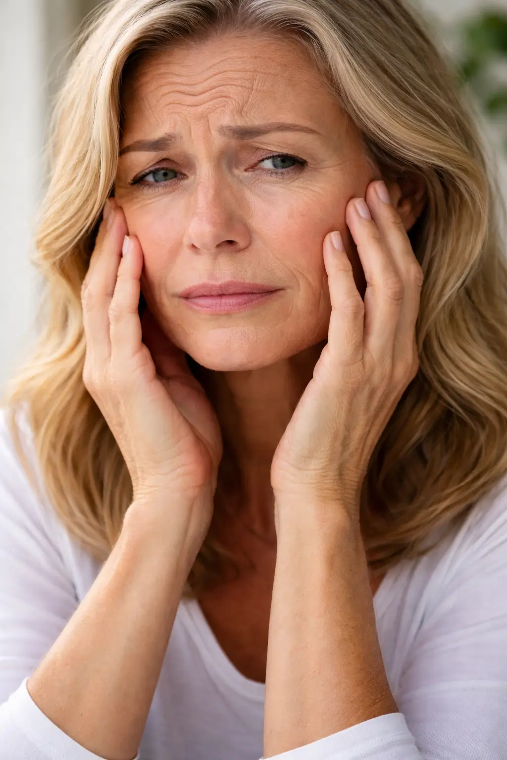 Woman concerned about wrinkles and sagging skin after 40